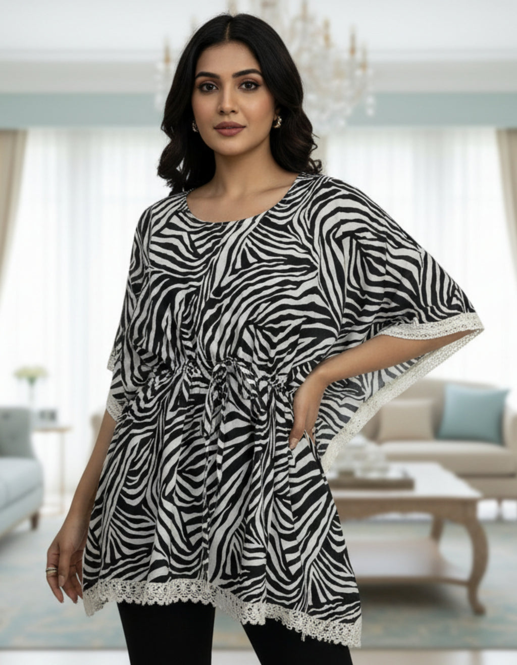 Zebra Print Kaftan Top with Lace Border | Trendy Western Wear | Viigobella