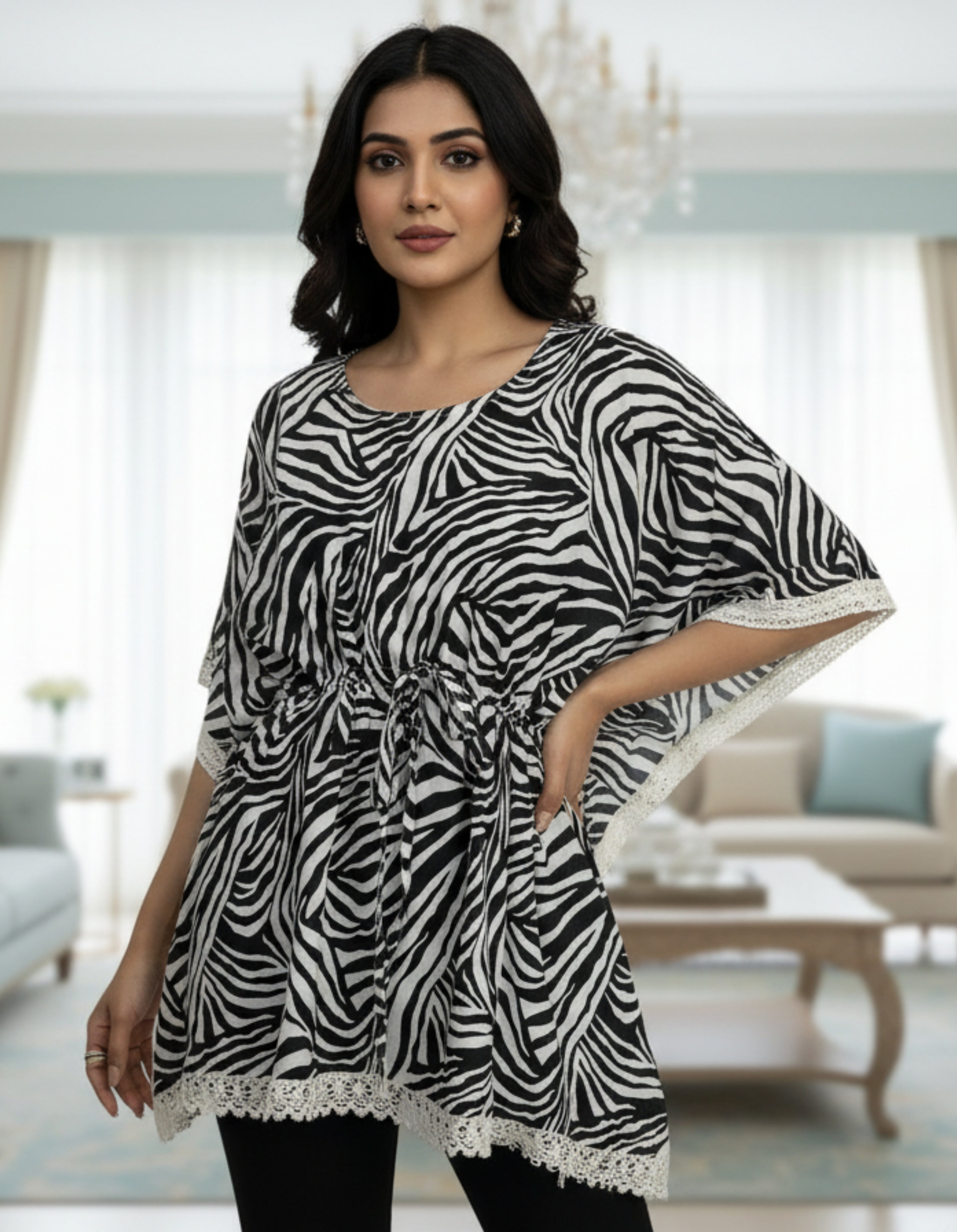 Zebra Print Kaftan Top with Lace Border | Trendy Western Wear | Viigobella