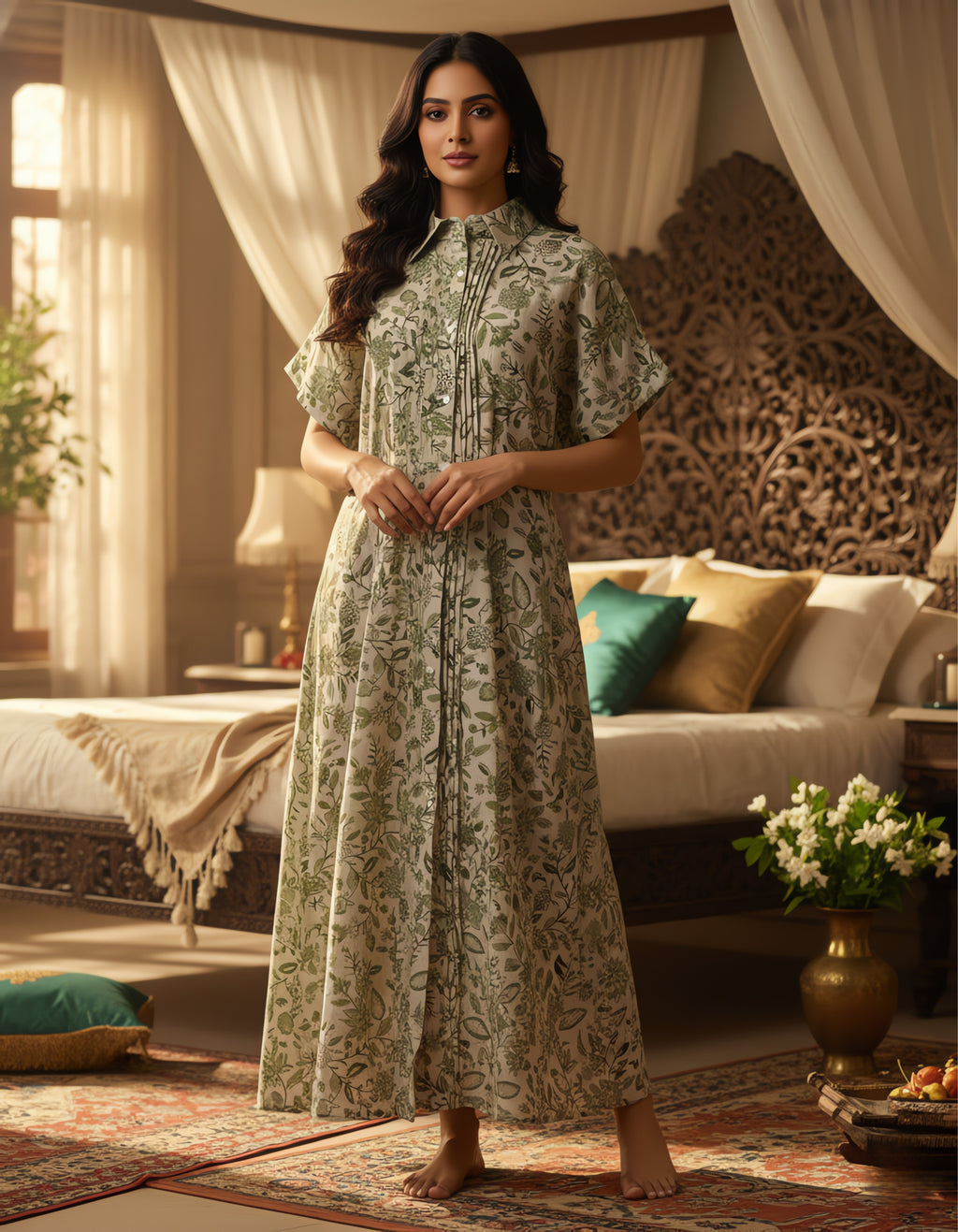 Viigobella Vertigen Fabric Botanical Printed Shirt-Style Long Dress