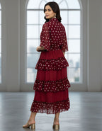 Premium Maroon Polka Dot Georgette Shirt & Layered Ruffle Skirt Co-ord Set