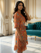 Viigobella Orange Abstract Printed Kasturi Silk Wrap Dress