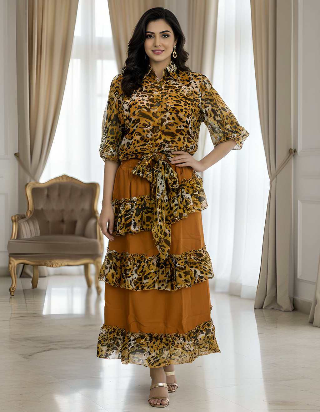Premium Leopard Print Georgette Shirt & Layered Ruffle Skirt Co-ord Set