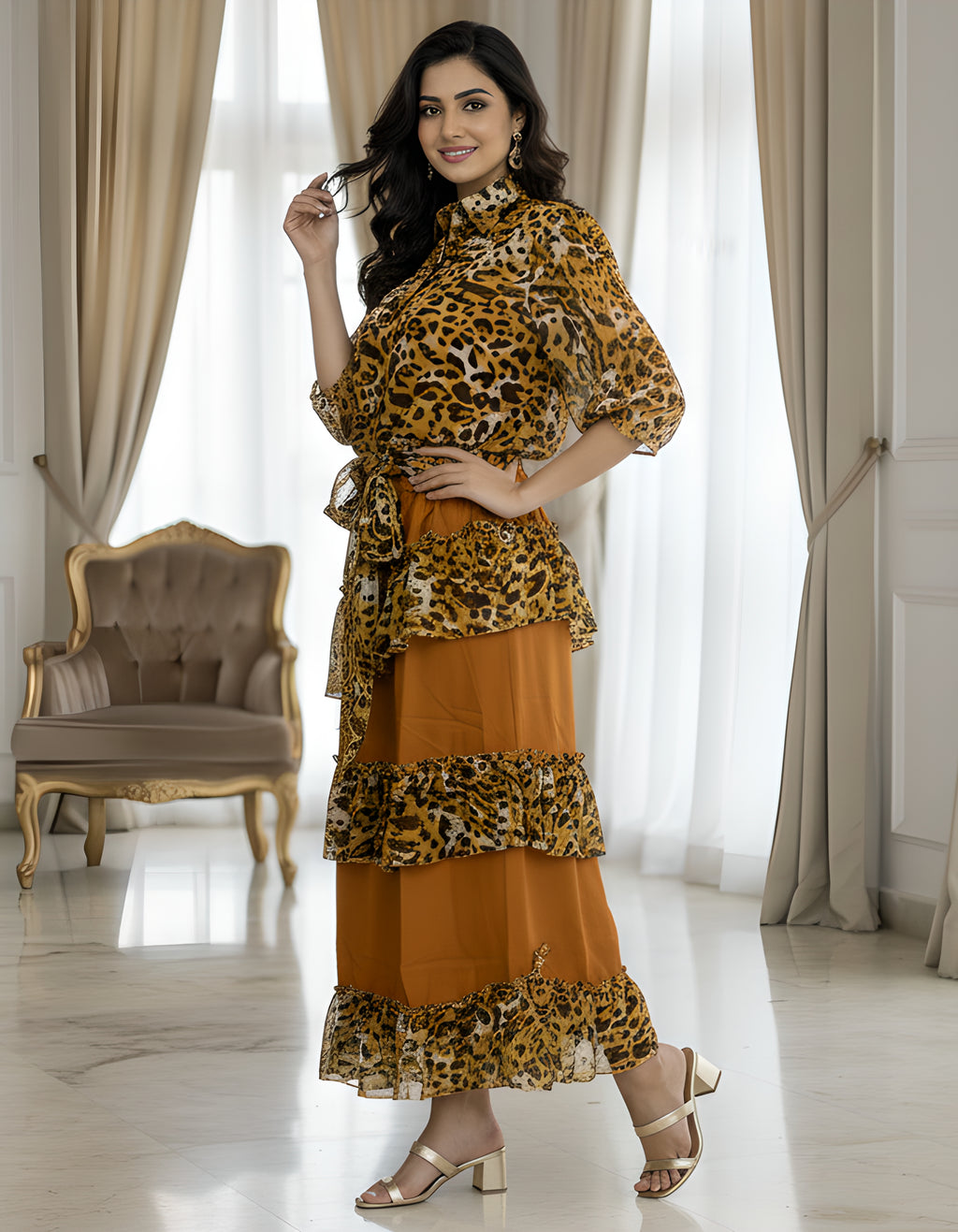 Premium Leopard Print Georgette Shirt & Layered Ruffle Skirt Co-ord Set
