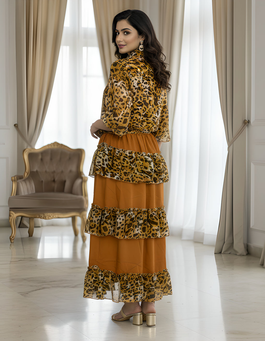 Premium Leopard Print Georgette Shirt & Layered Ruffle Skirt Co-ord Set