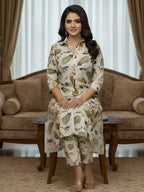 Olive Leaf Print Long Shirt Co-ord Set for Women