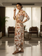 Peach & Beige Abstract Leaf Long Shirt Co-ord Set for Women