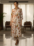 Peach & Beige Abstract Leaf Long Shirt Co-ord Set for Women