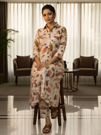 Peach & Beige Abstract Leaf Long Shirt Co-ord Set for Women