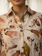 Peach & Beige Abstract Leaf Long Shirt Co-ord Set for Women