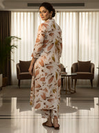 Peach & Beige Abstract Leaf Long Shirt Co-ord Set for Women