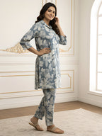 Blue Pastel Floral Long Shirt Co-ord Set for Women