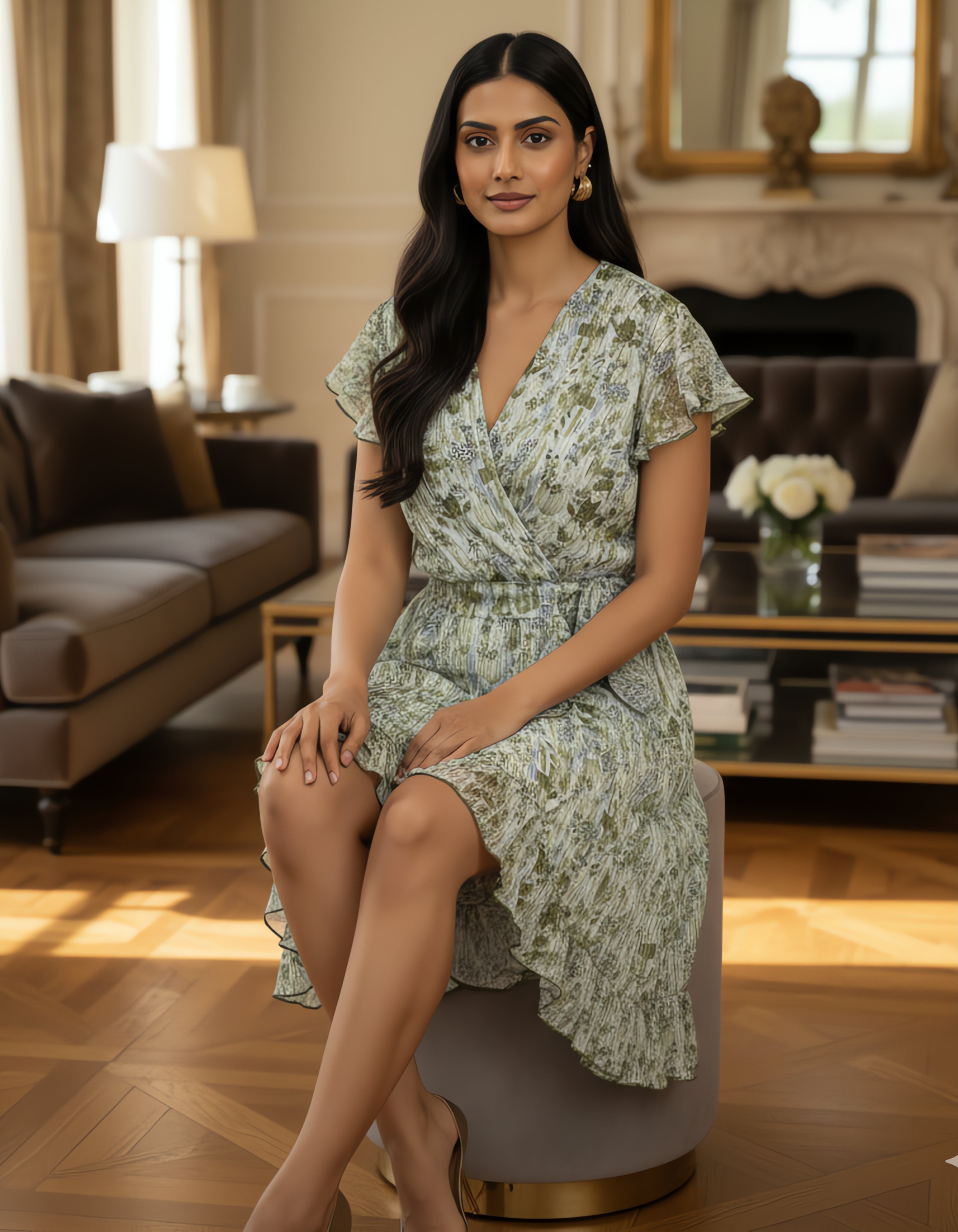 Green Abstract Printed Georgette Short Wrap Dress – Viigobella