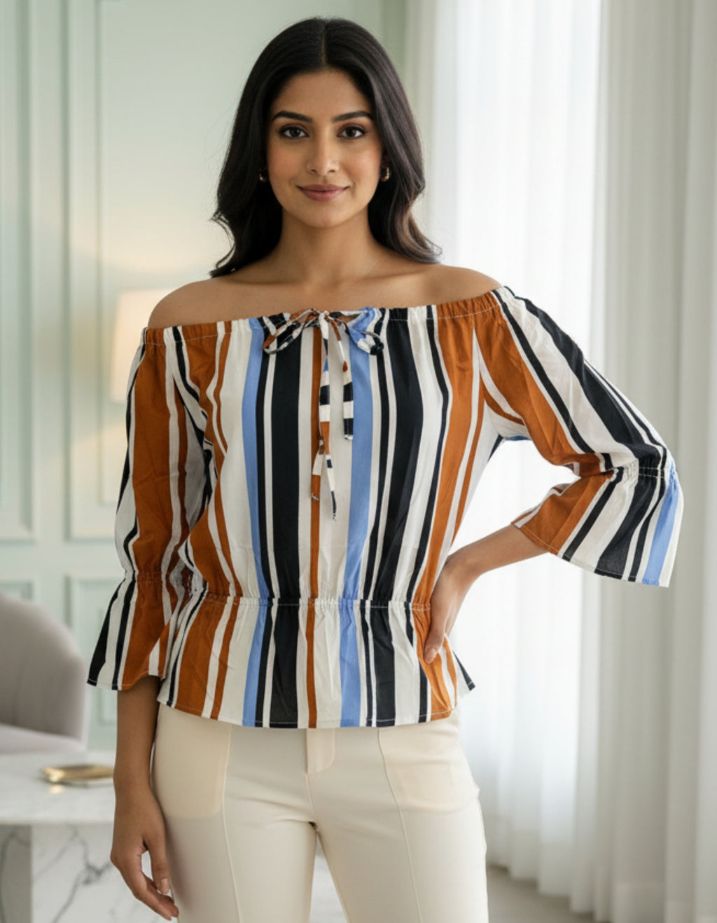 Multi-Stripe Off-Shoulder Top with Tie-Up Neck | Viigobella