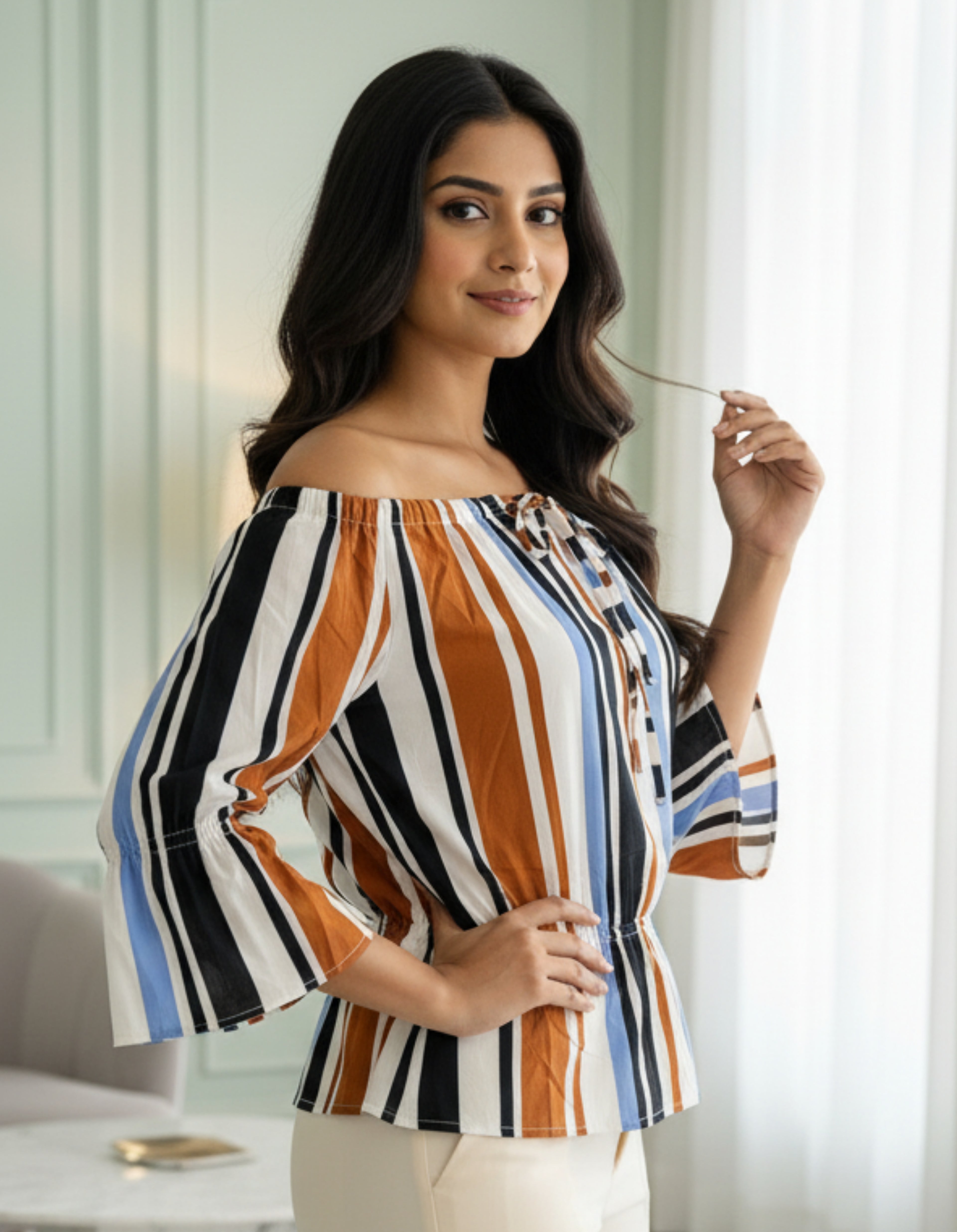 Multi-Stripe Off-Shoulder Top with Tie-Up Neck | Viigobella