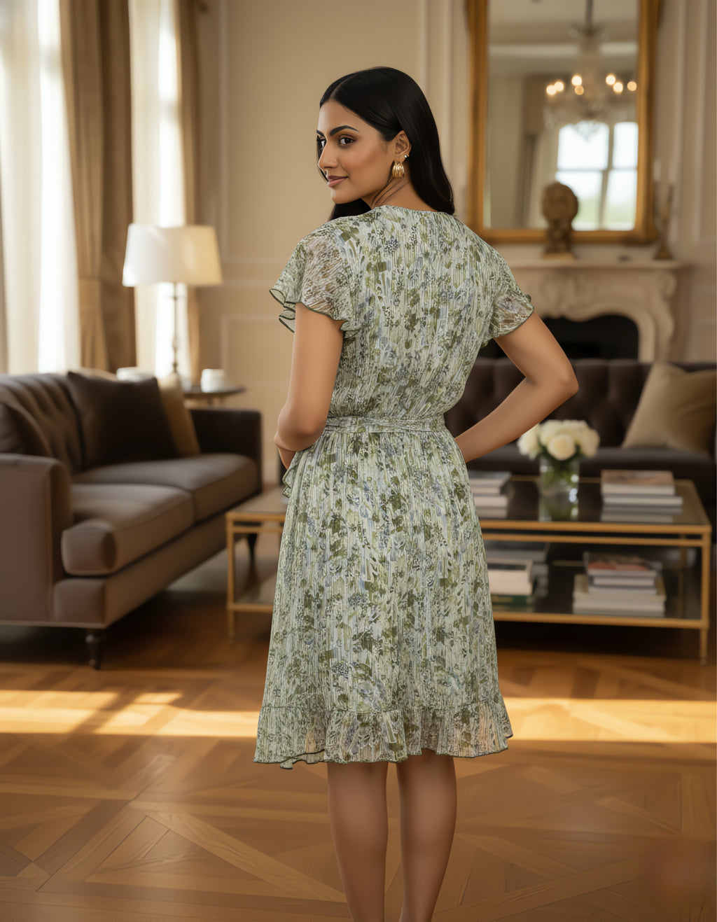 Green Abstract Printed Georgette Short Wrap Dress – Viigobella