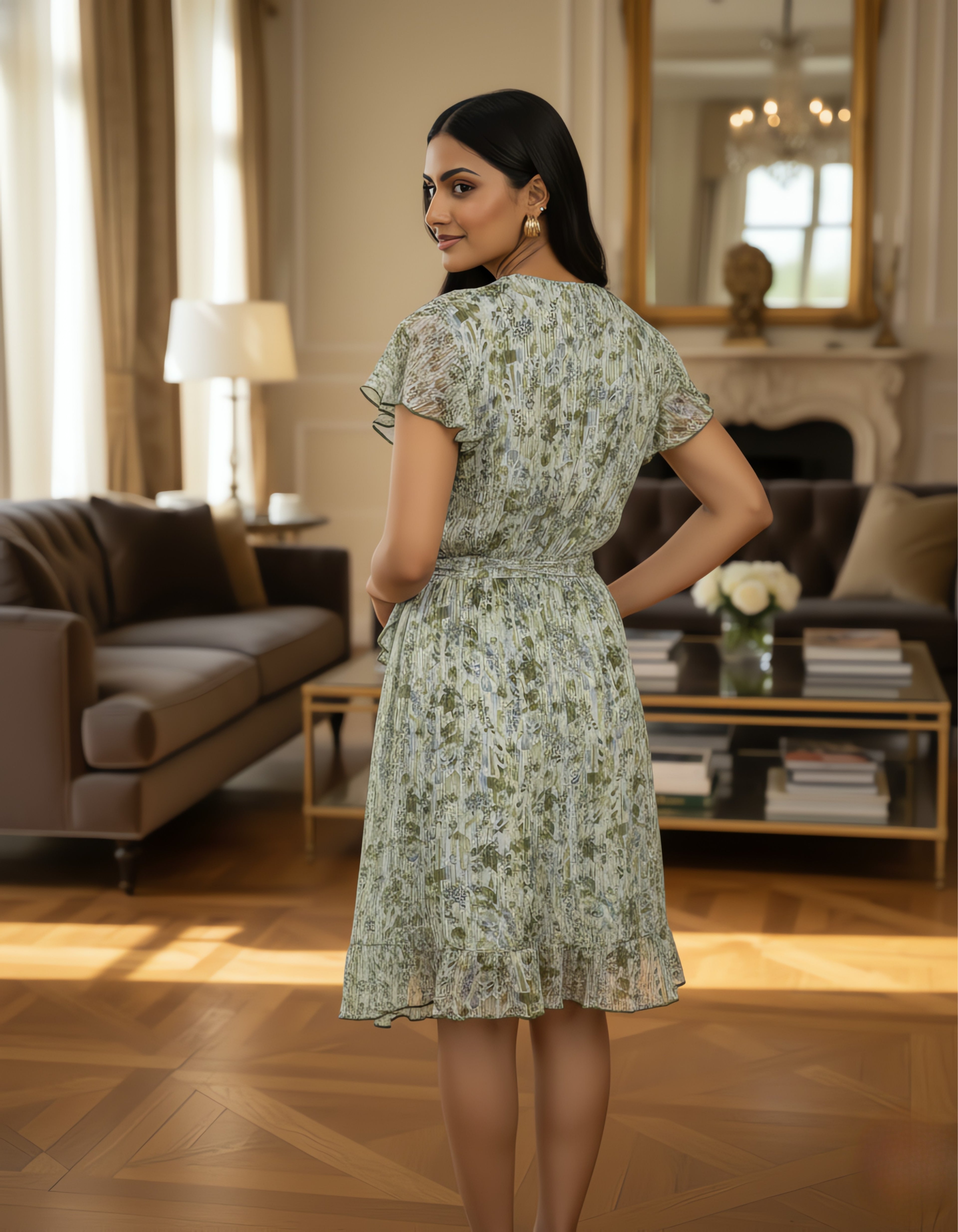 Green Abstract Printed Georgette Short Wrap Dress – Viigobella