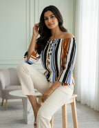 Multi-Stripe Off-Shoulder Top with Tie-Up Neck | Viigobella