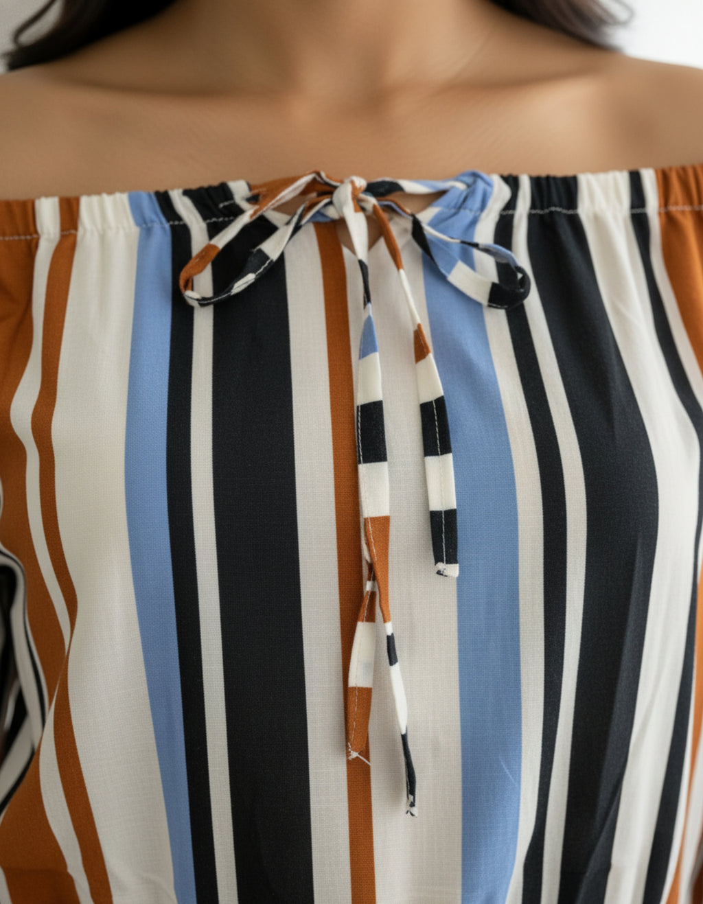 Multi-Stripe Off-Shoulder Top with Tie-Up Neck | Viigobella