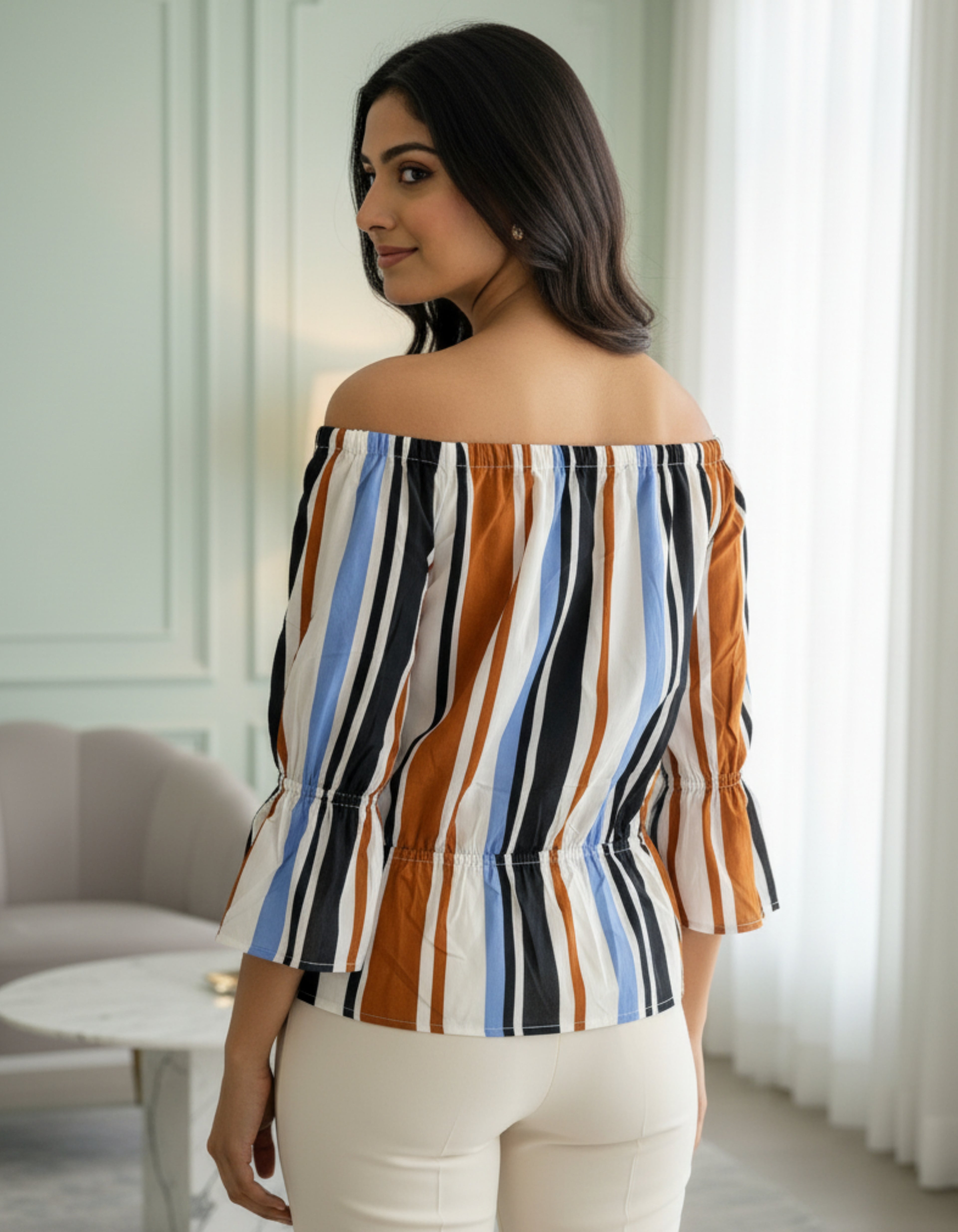 Multi-Stripe Off-Shoulder Top with Tie-Up Neck | Viigobella