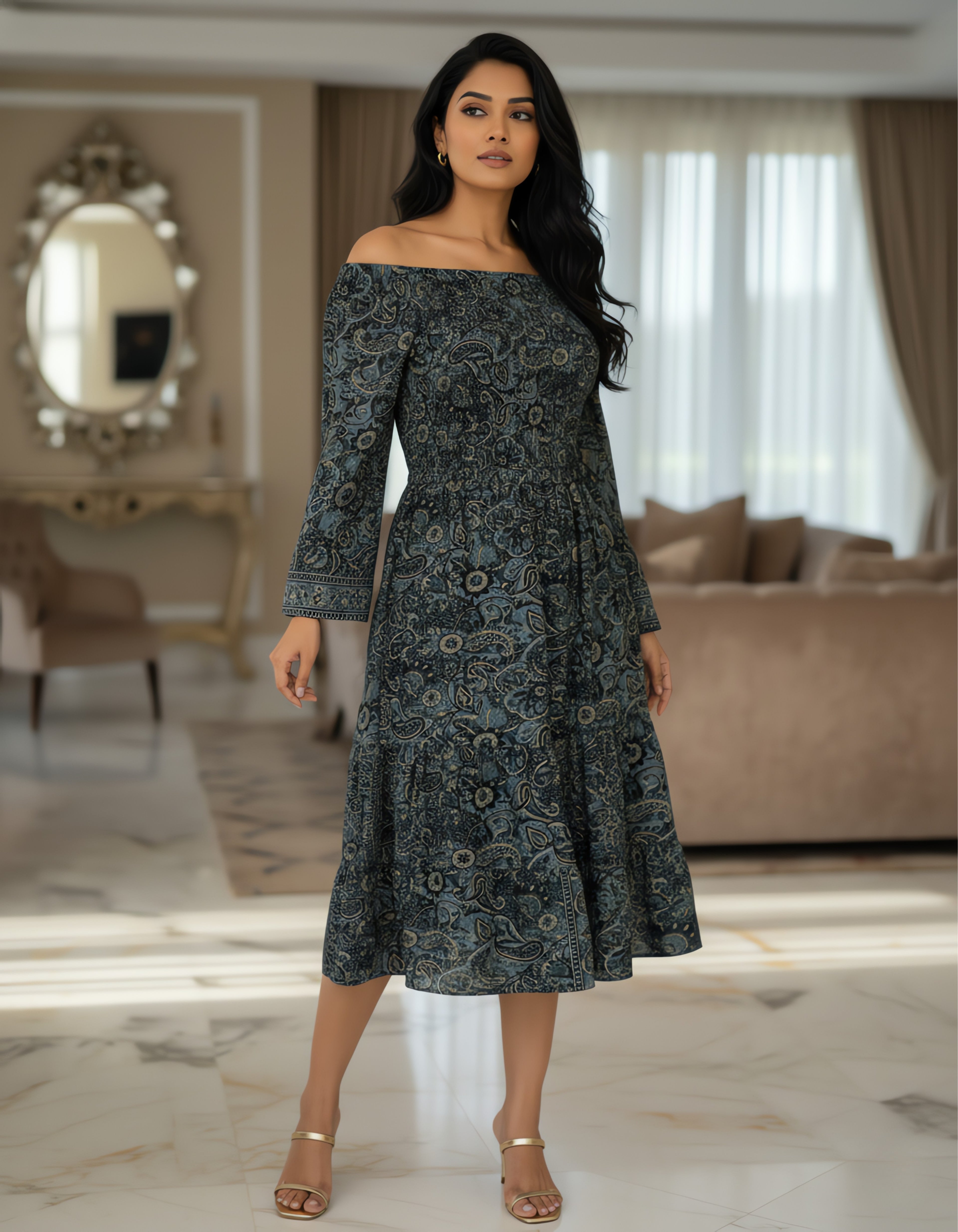 Off-Shoulder Printed Midi Dress | Smocked Bodice | Viigobella