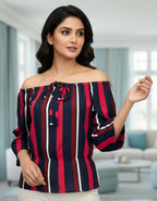 Bold Multi-Stripe Off-Shoulder Top with Tie-Up Front | Viigobella