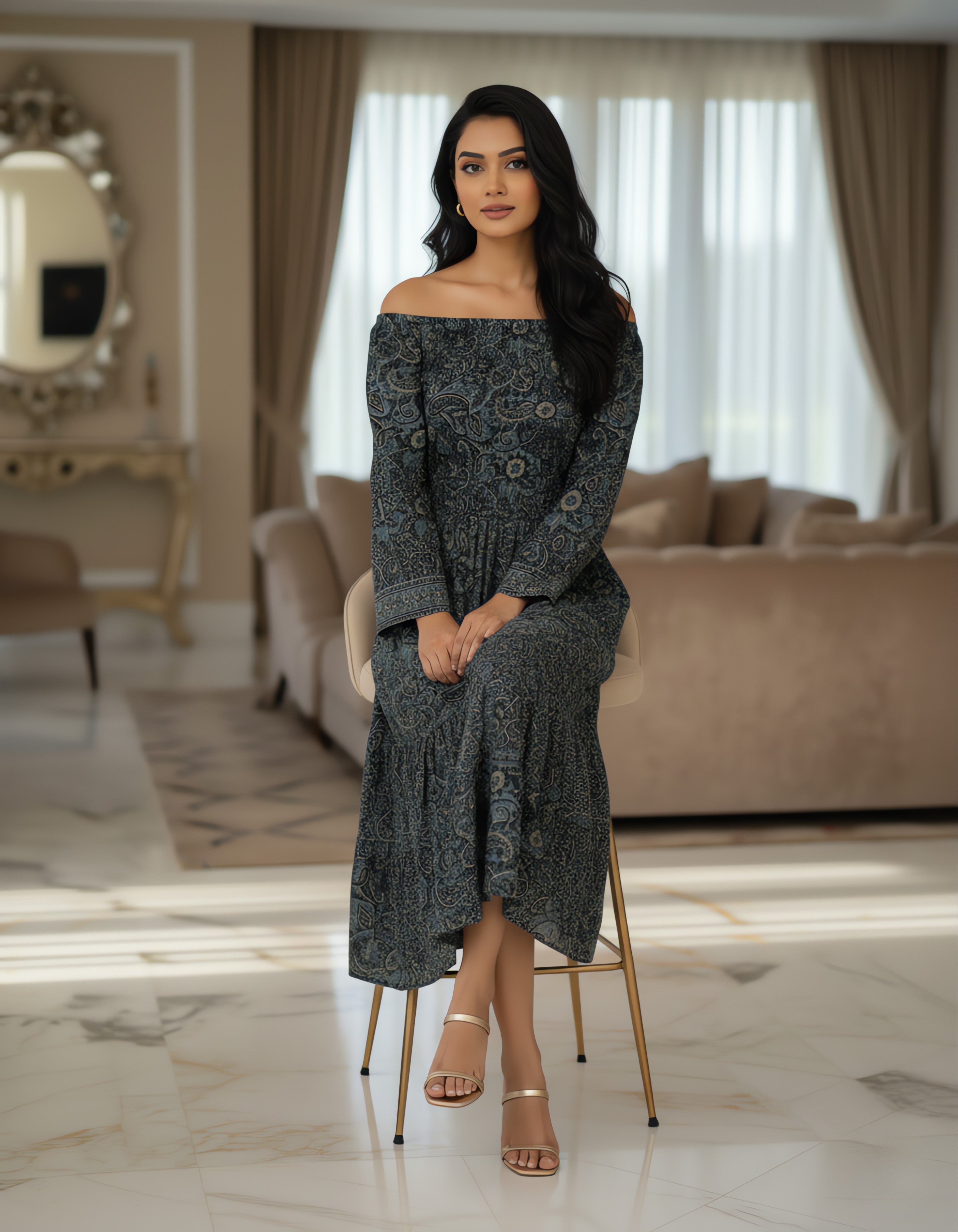 Off-Shoulder Printed Midi Dress | Smocked Bodice | Viigobella