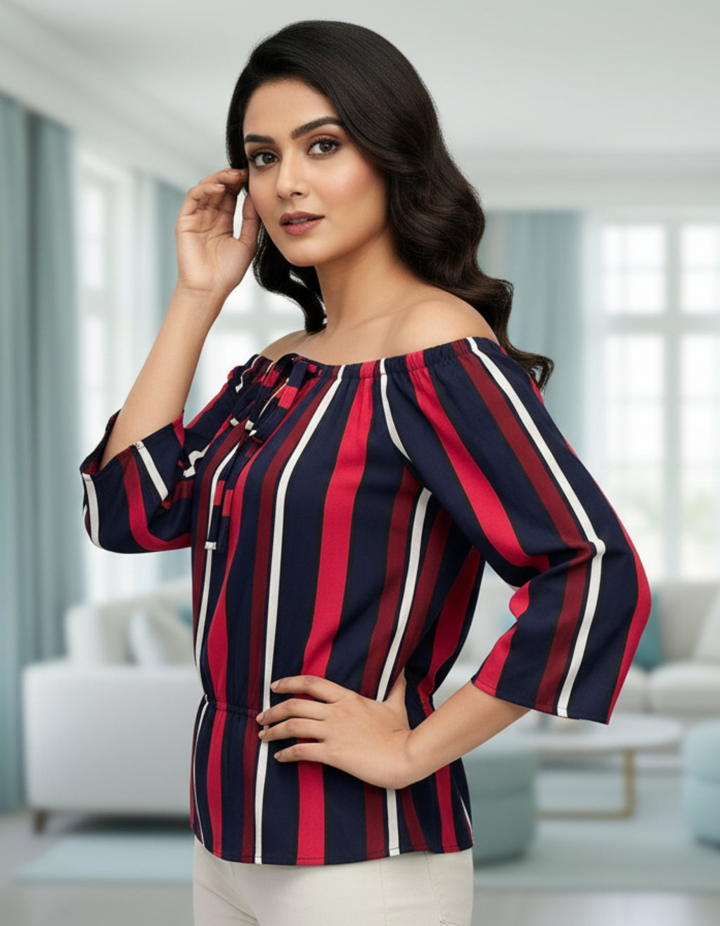 Bold Multi-Stripe Off-Shoulder Top with Tie-Up Front | Viigobella