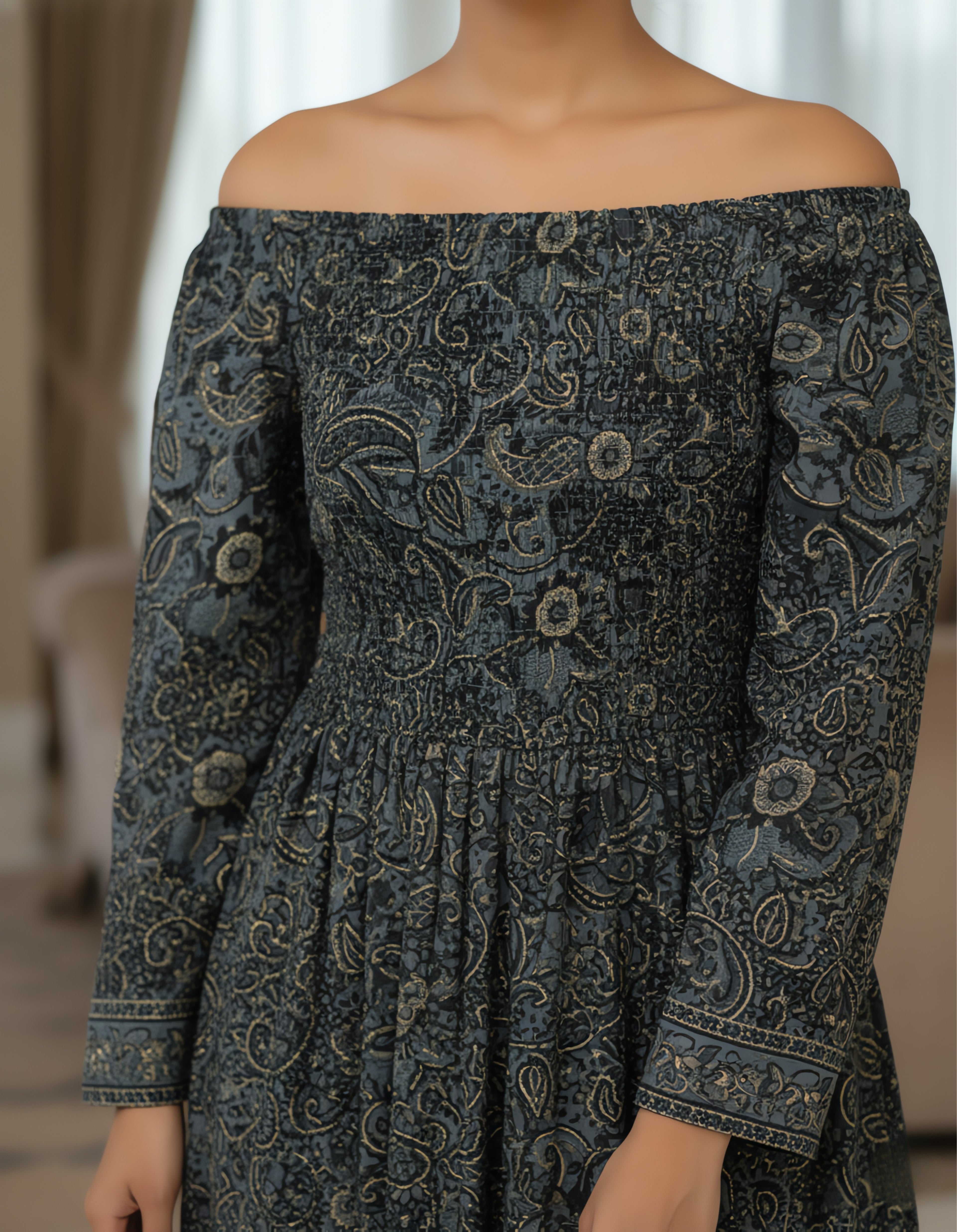 Off-Shoulder Printed Midi Dress | Smocked Bodice | Viigobella