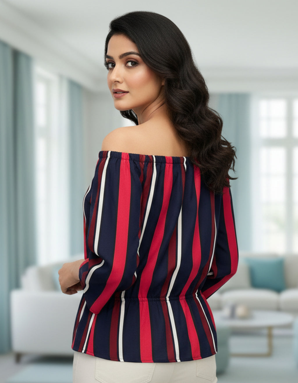 Bold Multi-Stripe Off-Shoulder Top with Tie-Up Front | Viigobella