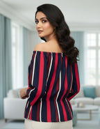 Bold Multi-Stripe Off-Shoulder Top with Tie-Up Front | Viigobella