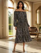 Off-Shoulder Smocked Printed Midi Dress | Viigobella