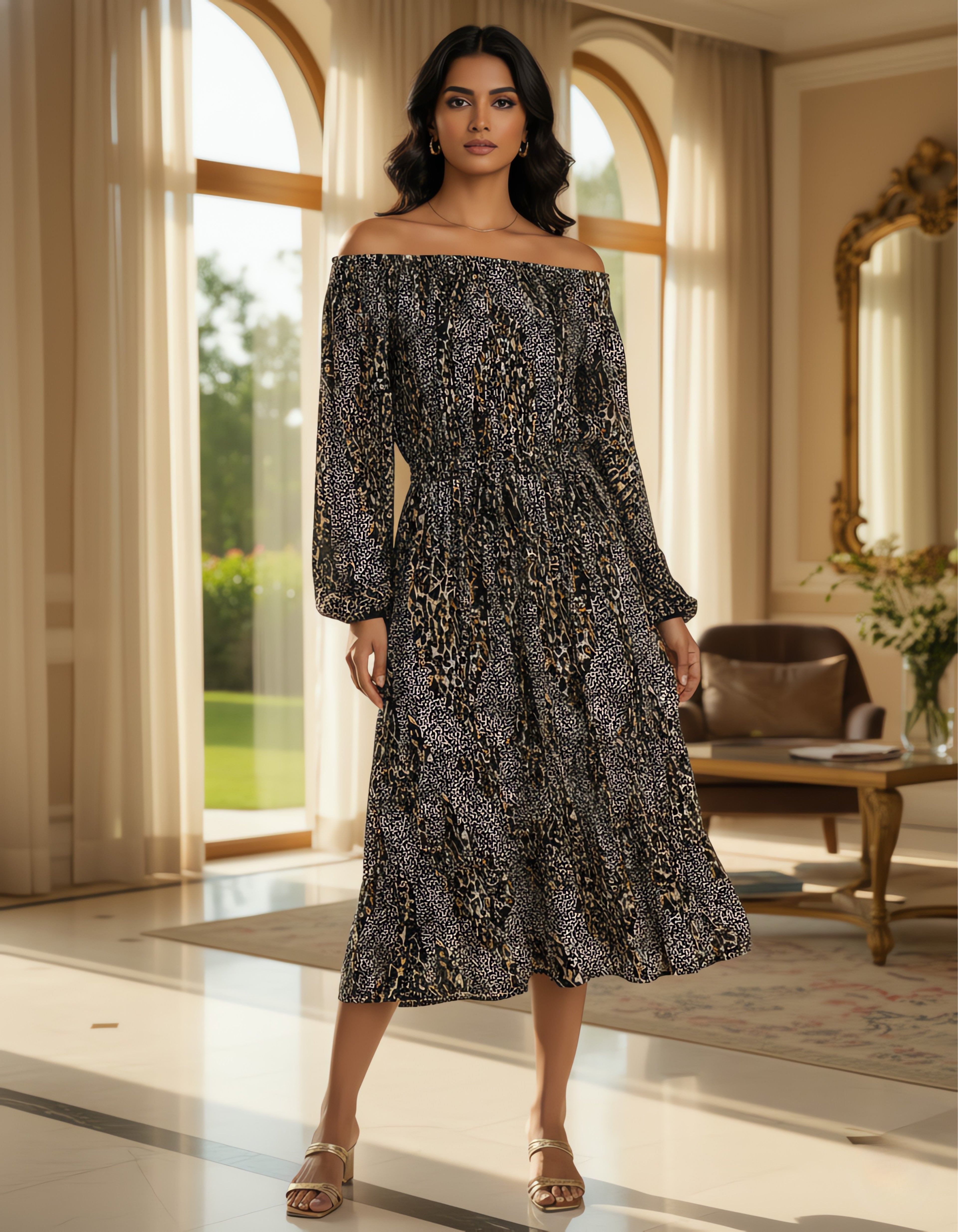 Off-Shoulder Smocked Printed Midi Dress | Viigobella