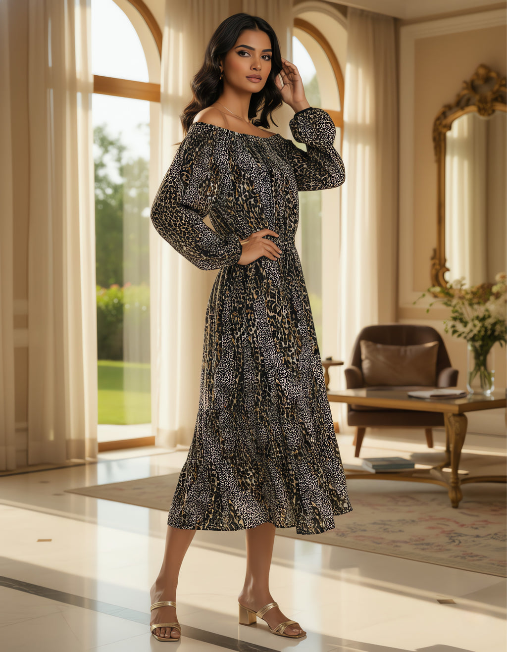 Off-Shoulder Smocked Printed Midi Dress | Viigobella