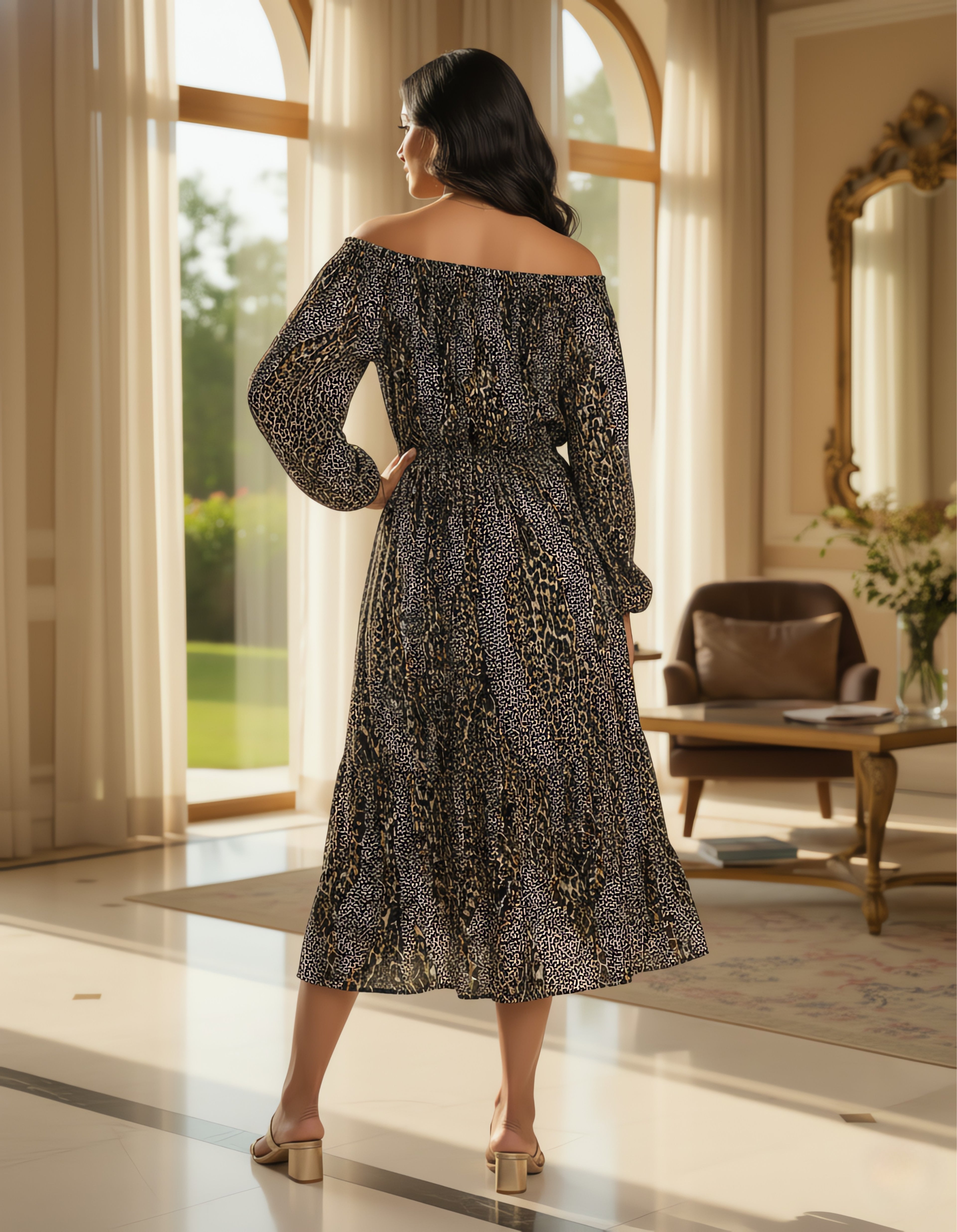 Off-Shoulder Smocked Printed Midi Dress | Viigobella