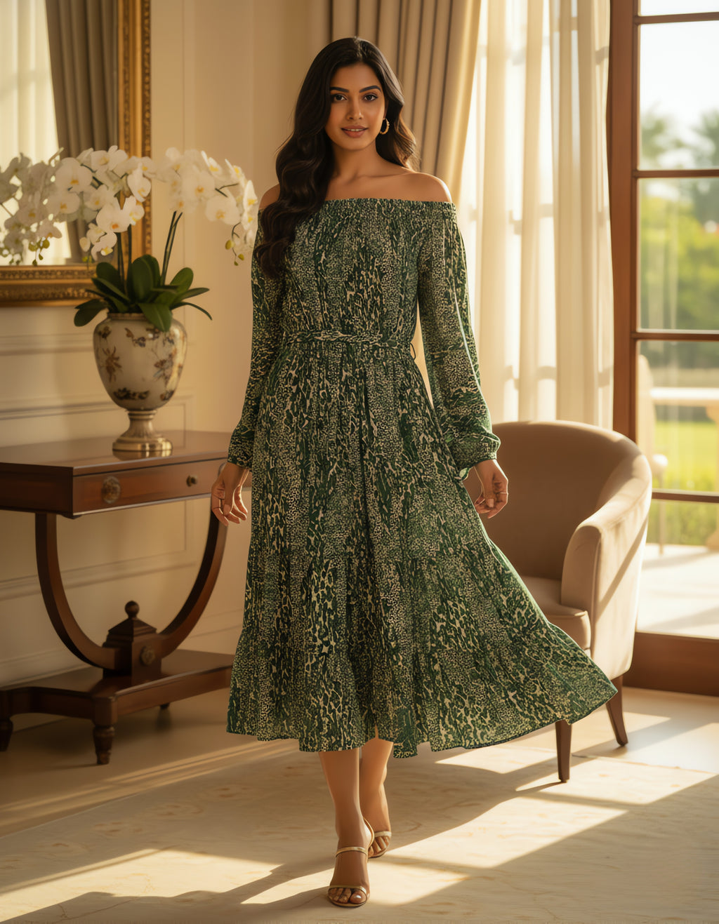 Off-Shoulder Tiered Printed Midi Dress | Smocked Fit | Viigobella