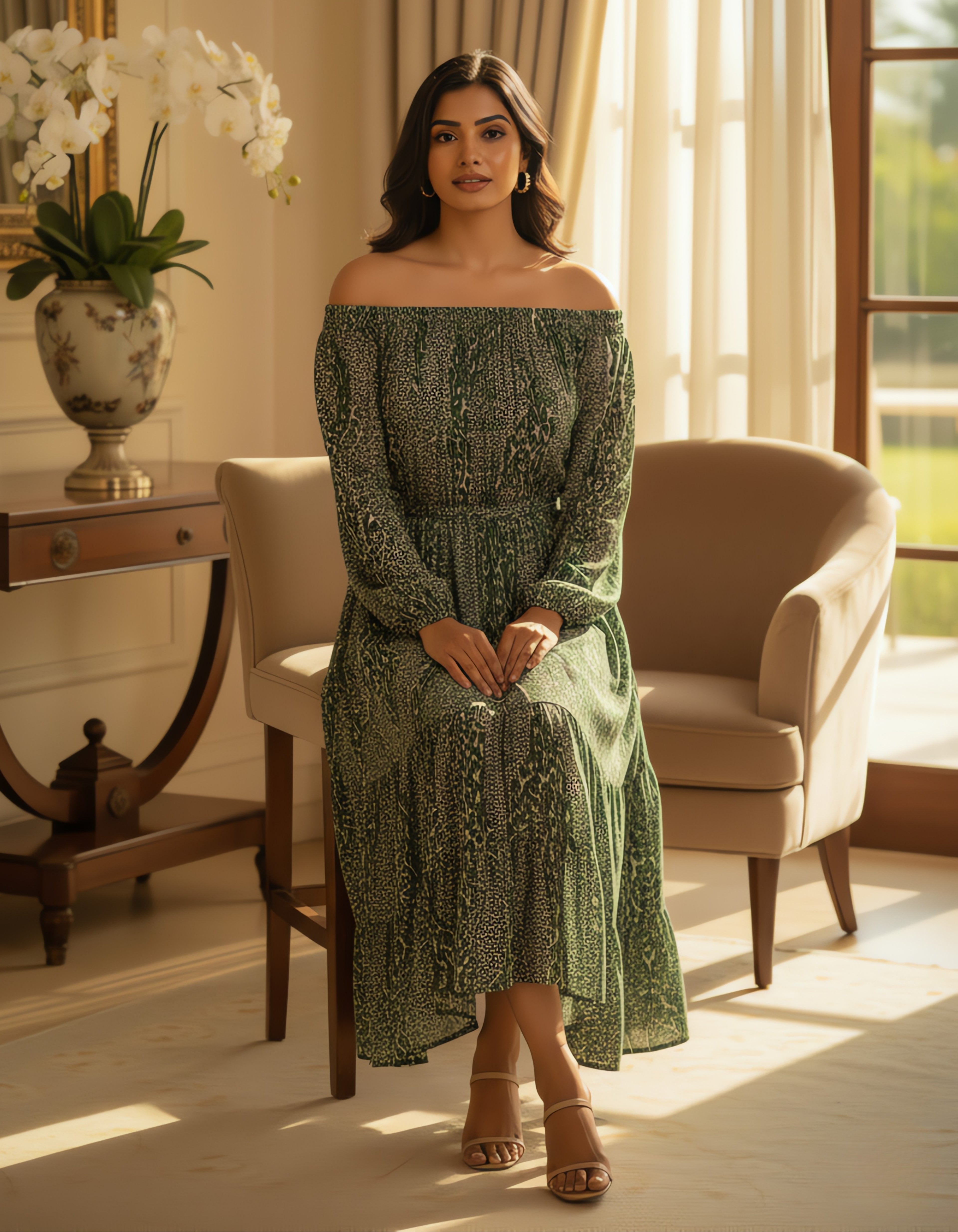 Off-Shoulder Tiered Printed Midi Dress | Smocked Fit | Viigobella