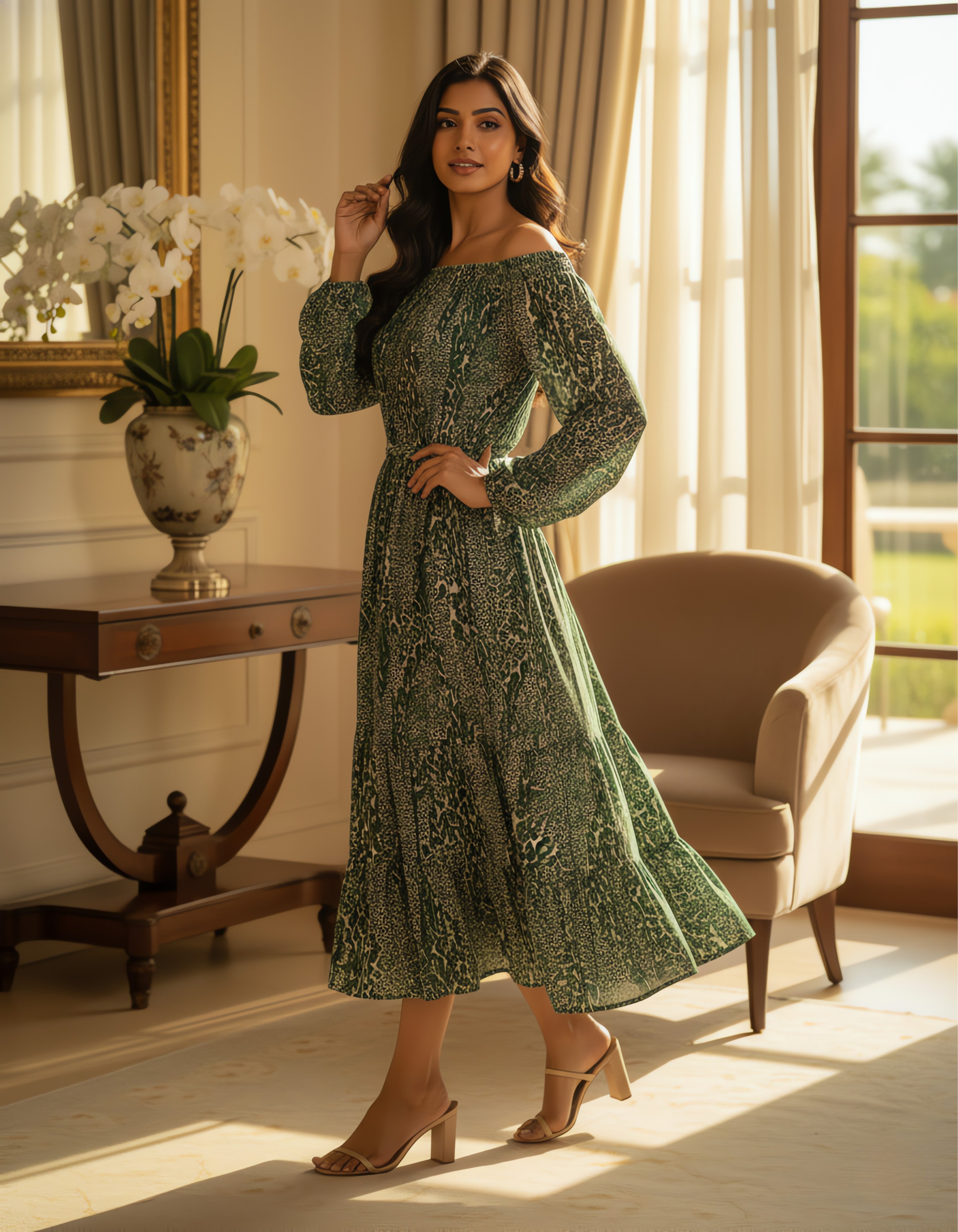 Off-Shoulder Tiered Printed Midi Dress | Smocked Fit | Viigobella