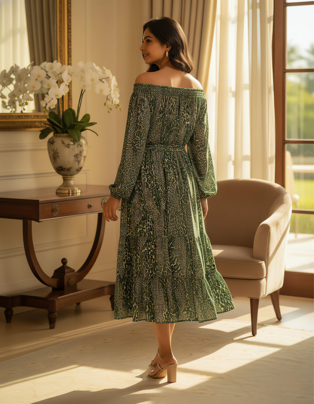 Off-Shoulder Tiered Printed Midi Dress | Smocked Fit | Viigobella