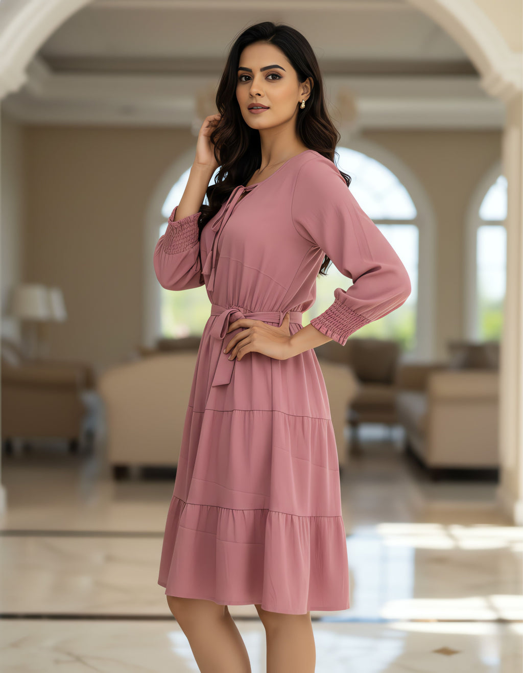 Tiered Short Dress with Tie-Up Neck | Delta Fabric | Viigobella