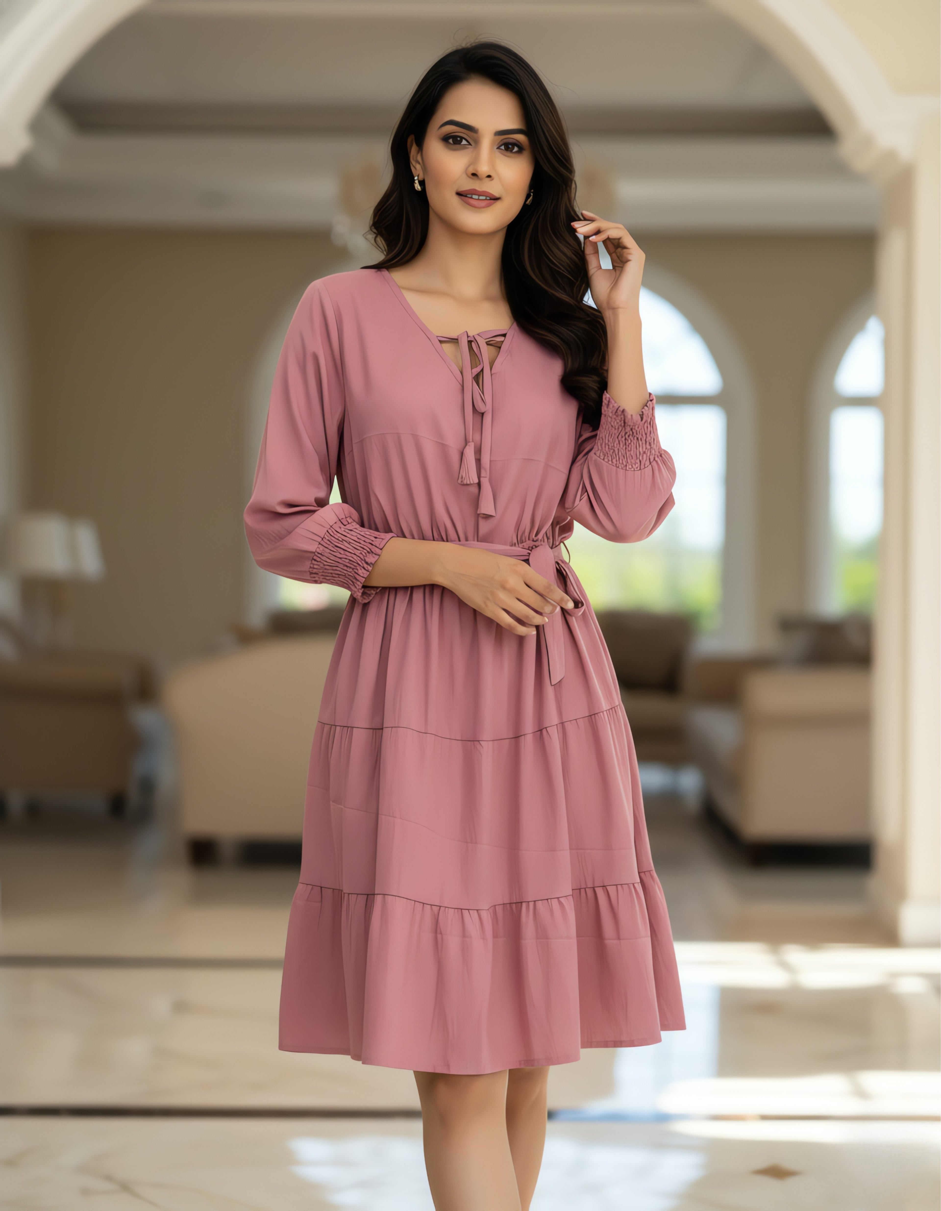 Tiered Short Dress with Tie-Up Neck | Delta Fabric | Viigobella