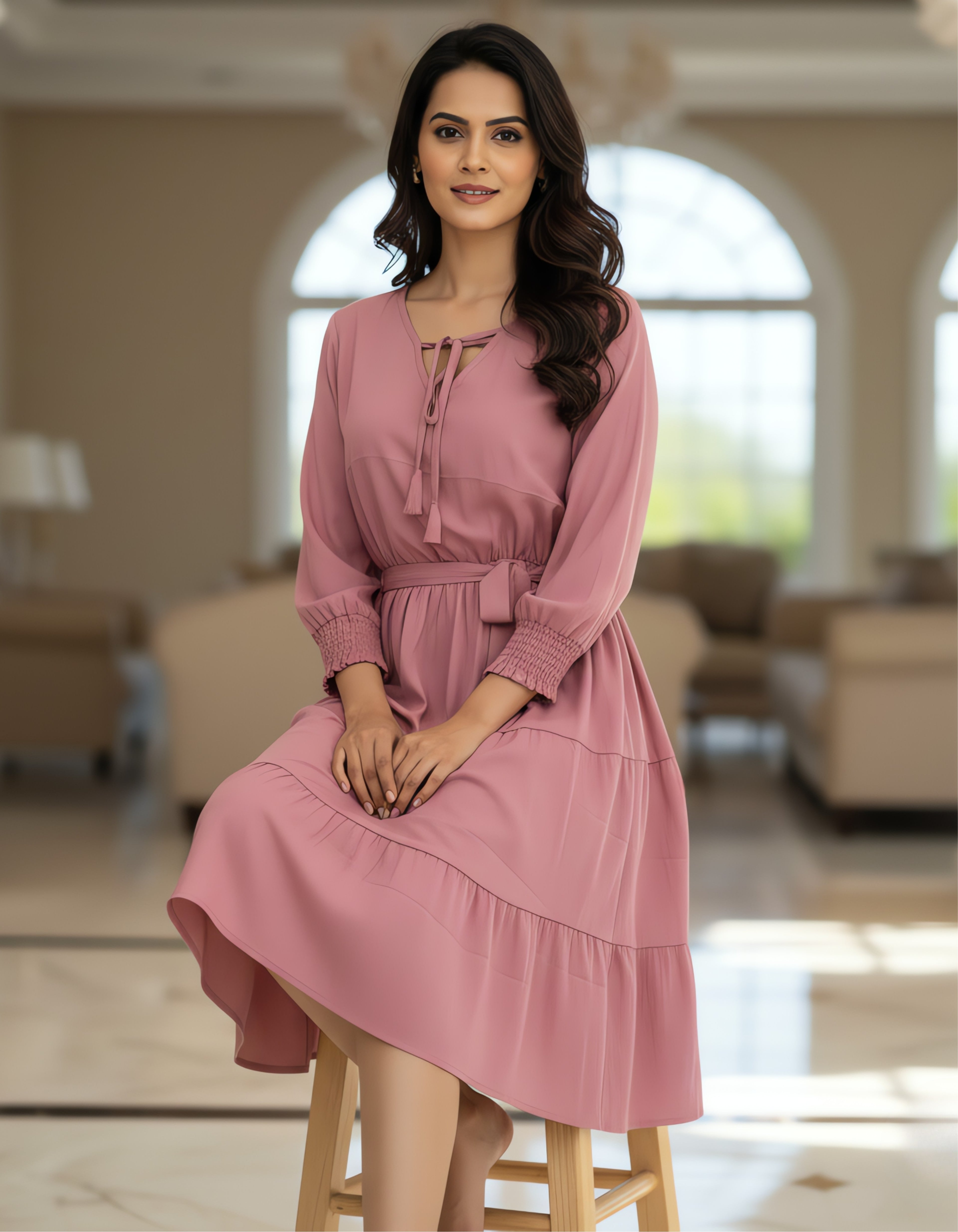 Tiered Short Dress with Tie-Up Neck | Delta Fabric | Viigobella