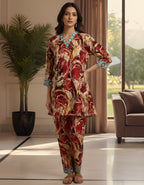 Premium Marble Print Kasturi Silk Co-ord Set with Contrast Blue Neck & Cuff Border