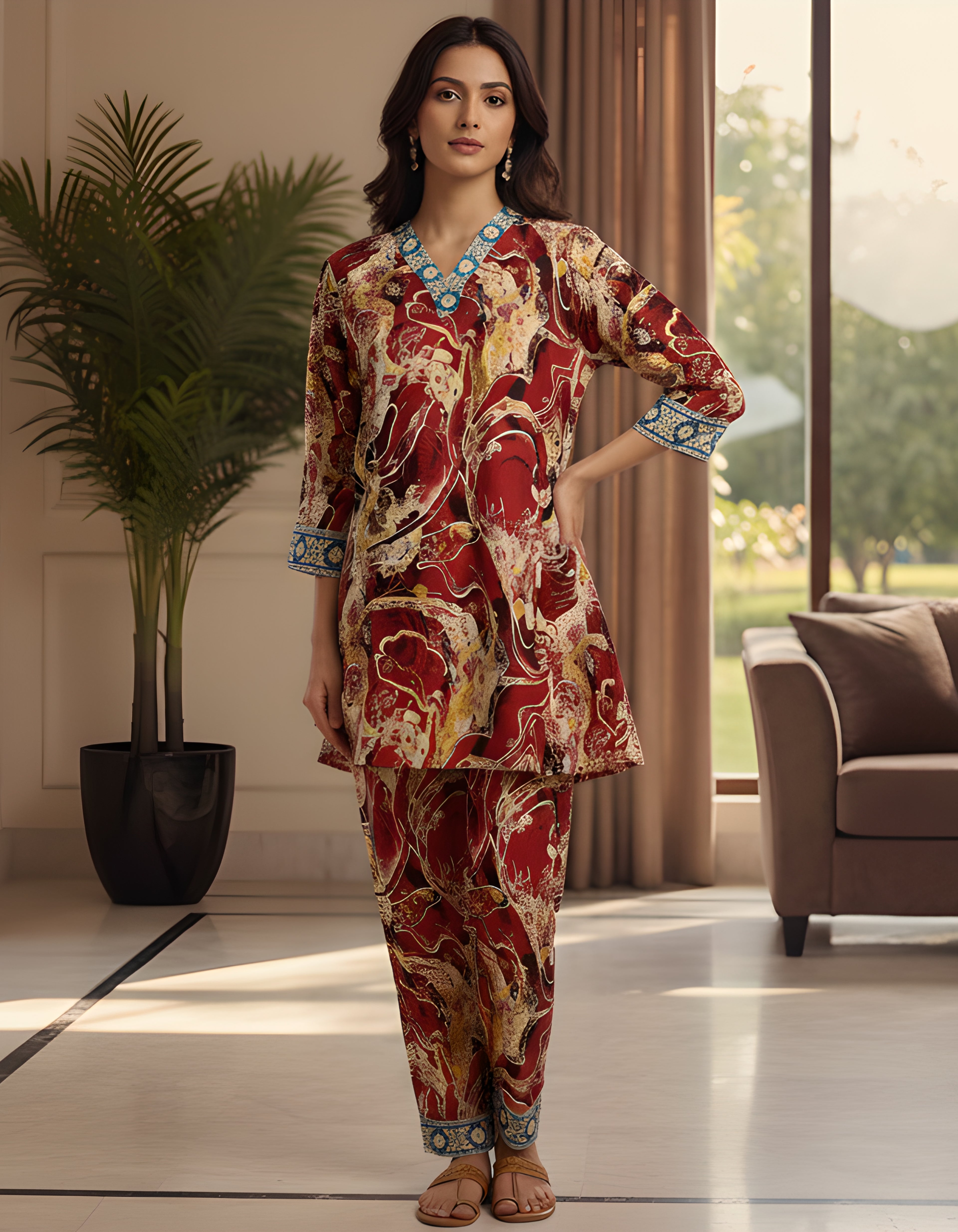 Premium Marble Print Kasturi Silk Co-ord Set with Contrast Blue Neck & Cuff Border