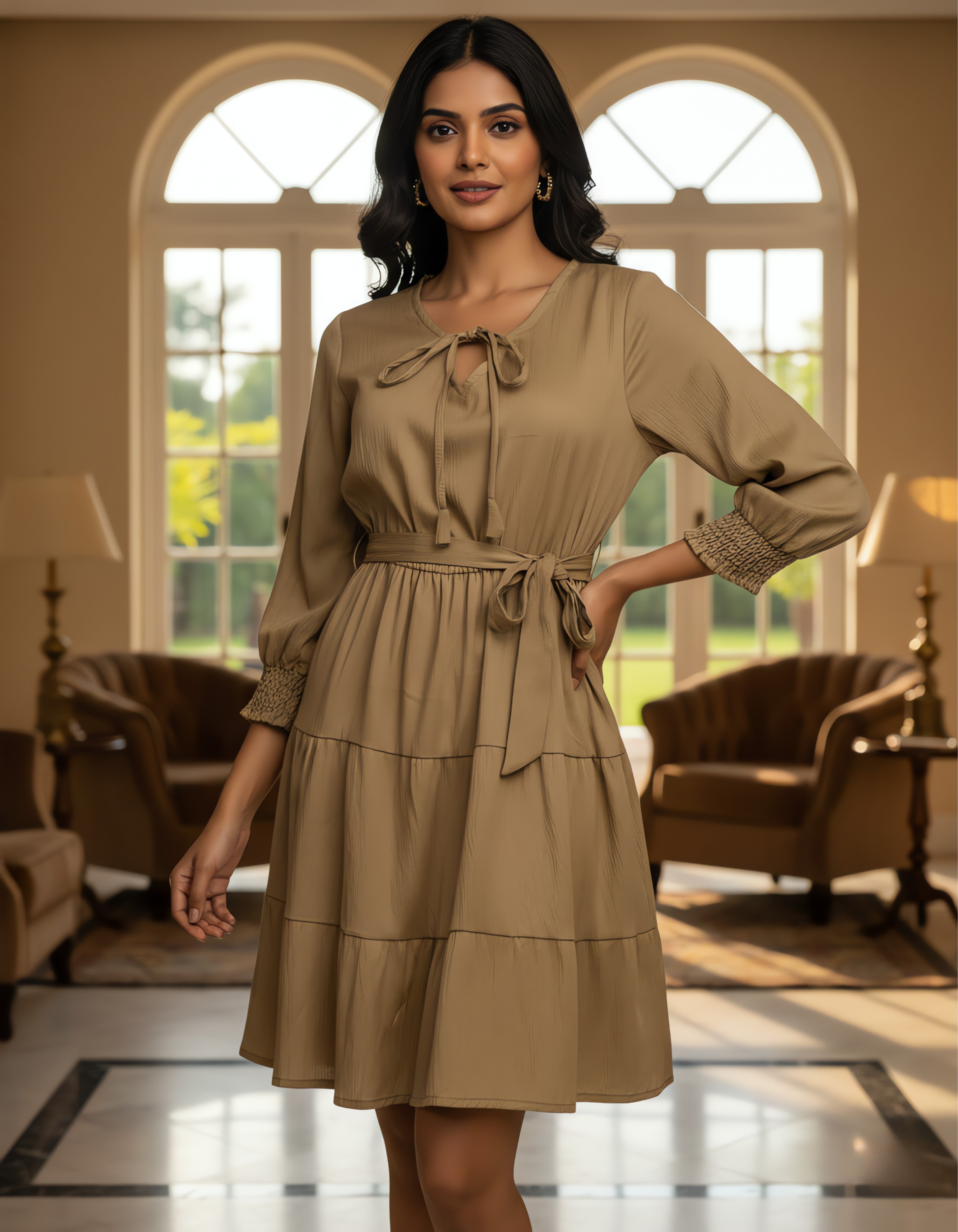 Solid Tiered Short Dress with Tie-Up Neck | Delta Fabric | Viigobella