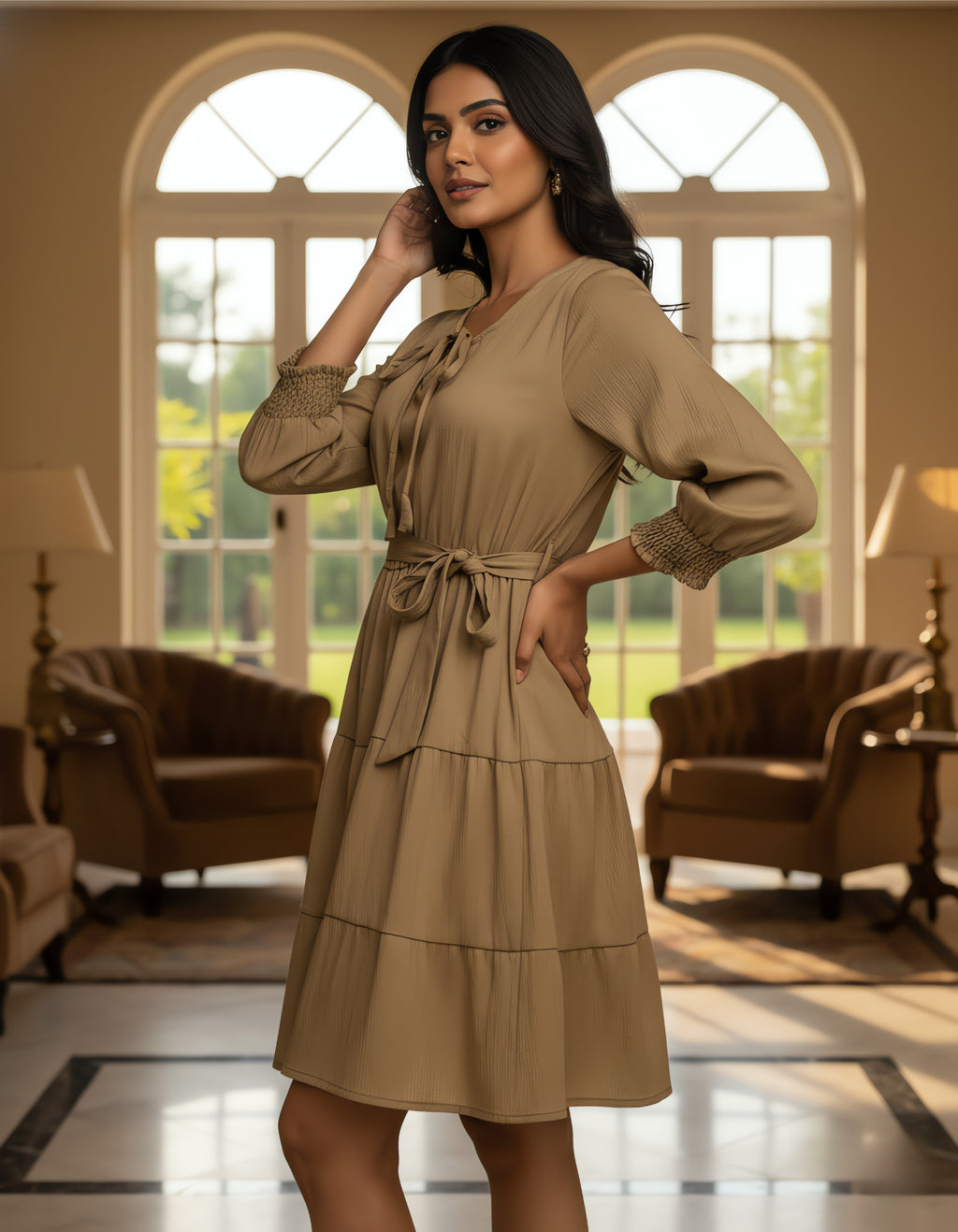 Solid Tiered Short Dress with Tie-Up Neck | Delta Fabric | Viigobella