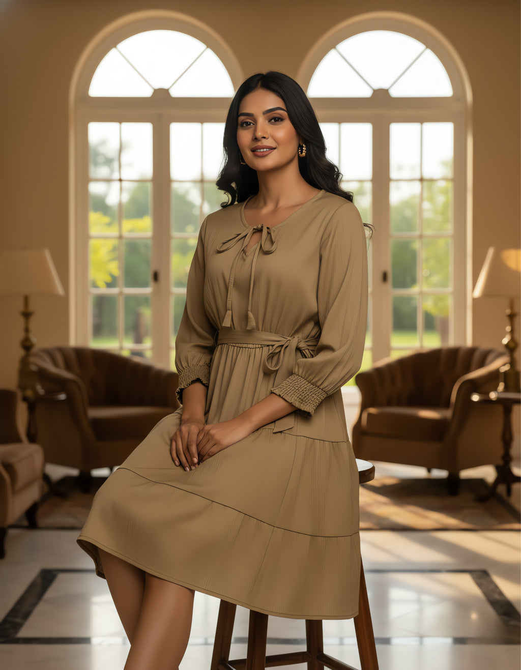 Solid Tiered Short Dress with Tie-Up Neck | Delta Fabric | Viigobella