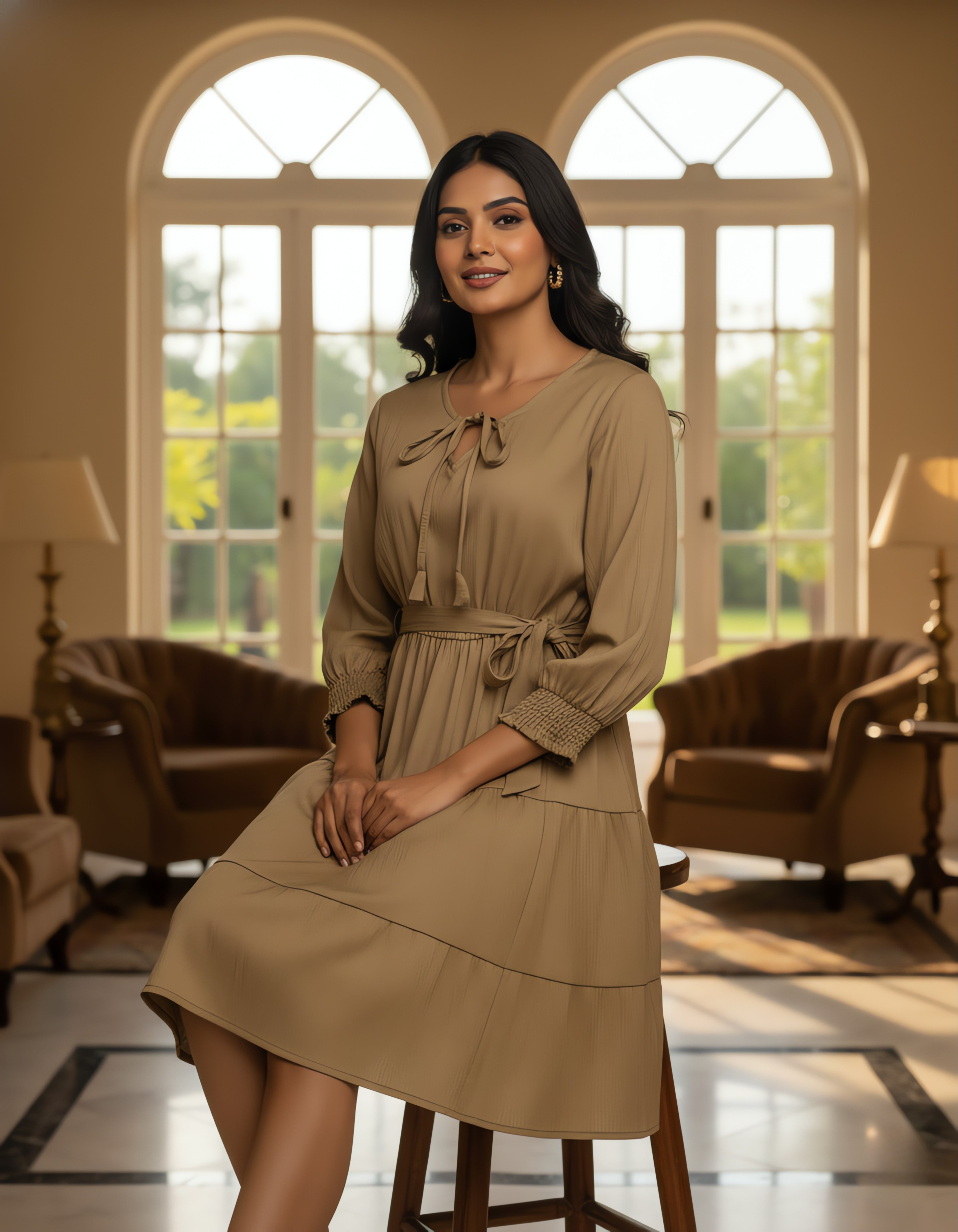 Solid Tiered Short Dress with Tie-Up Neck | Delta Fabric | Viigobella