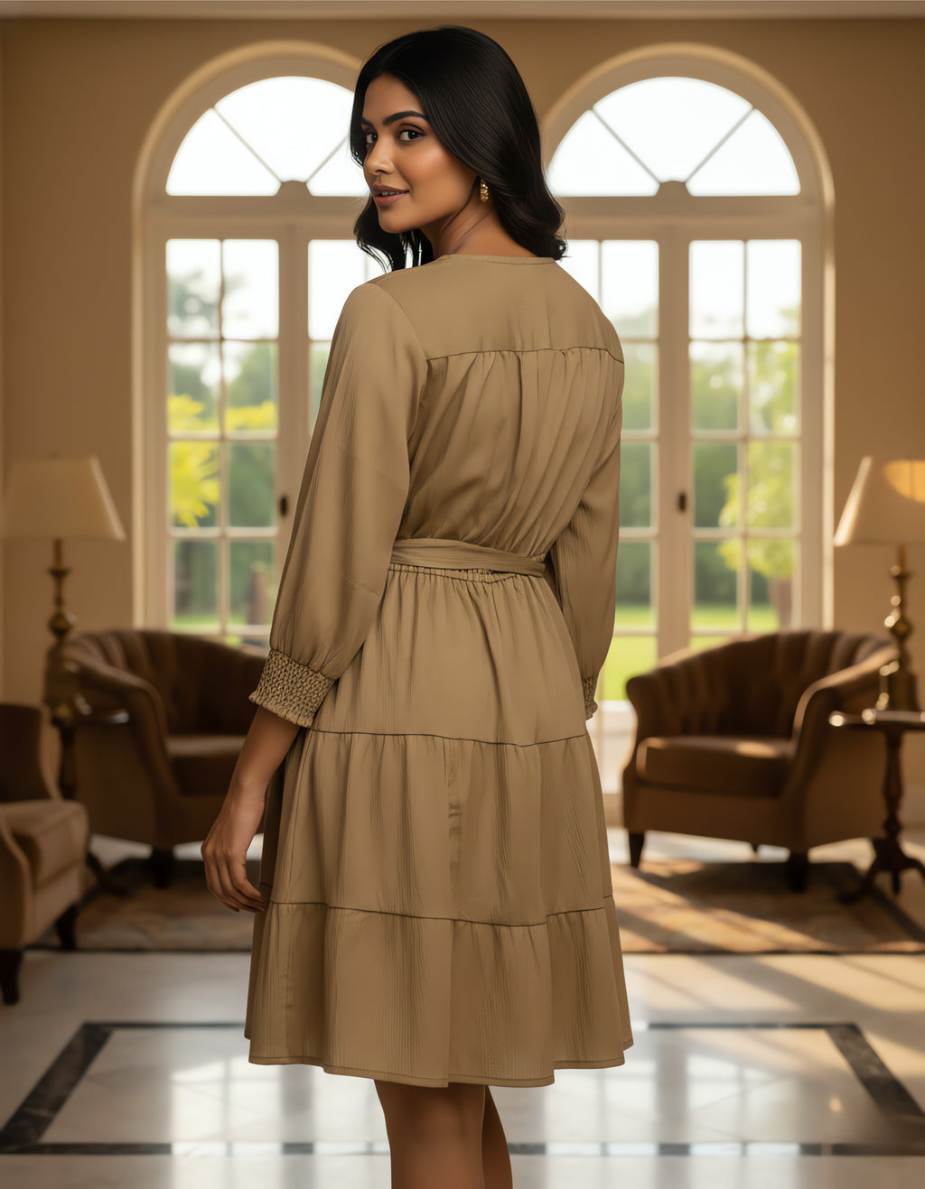 Solid Tiered Short Dress with Tie-Up Neck | Delta Fabric | Viigobella