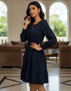 Solid Tiered Short Dress with Tie-Up Neck | Elegant Western Wear | Viigobella