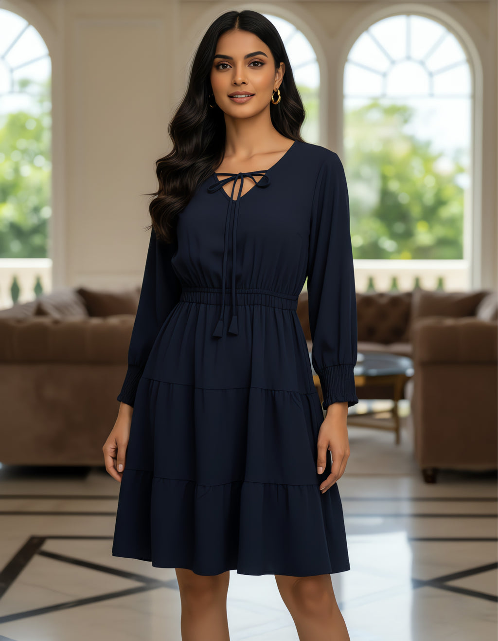 Solid Tiered Short Dress with Tie-Up Neck | Elegant Western Wear | Viigobella